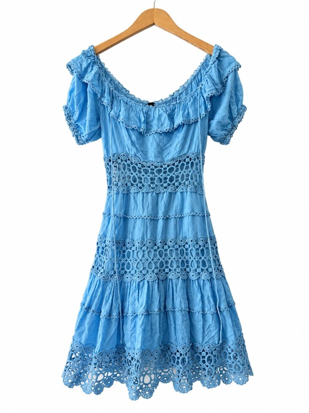 Free People Cruel Intentions Flax Flower Blue Mini Dress Crochet Lace Sz 4